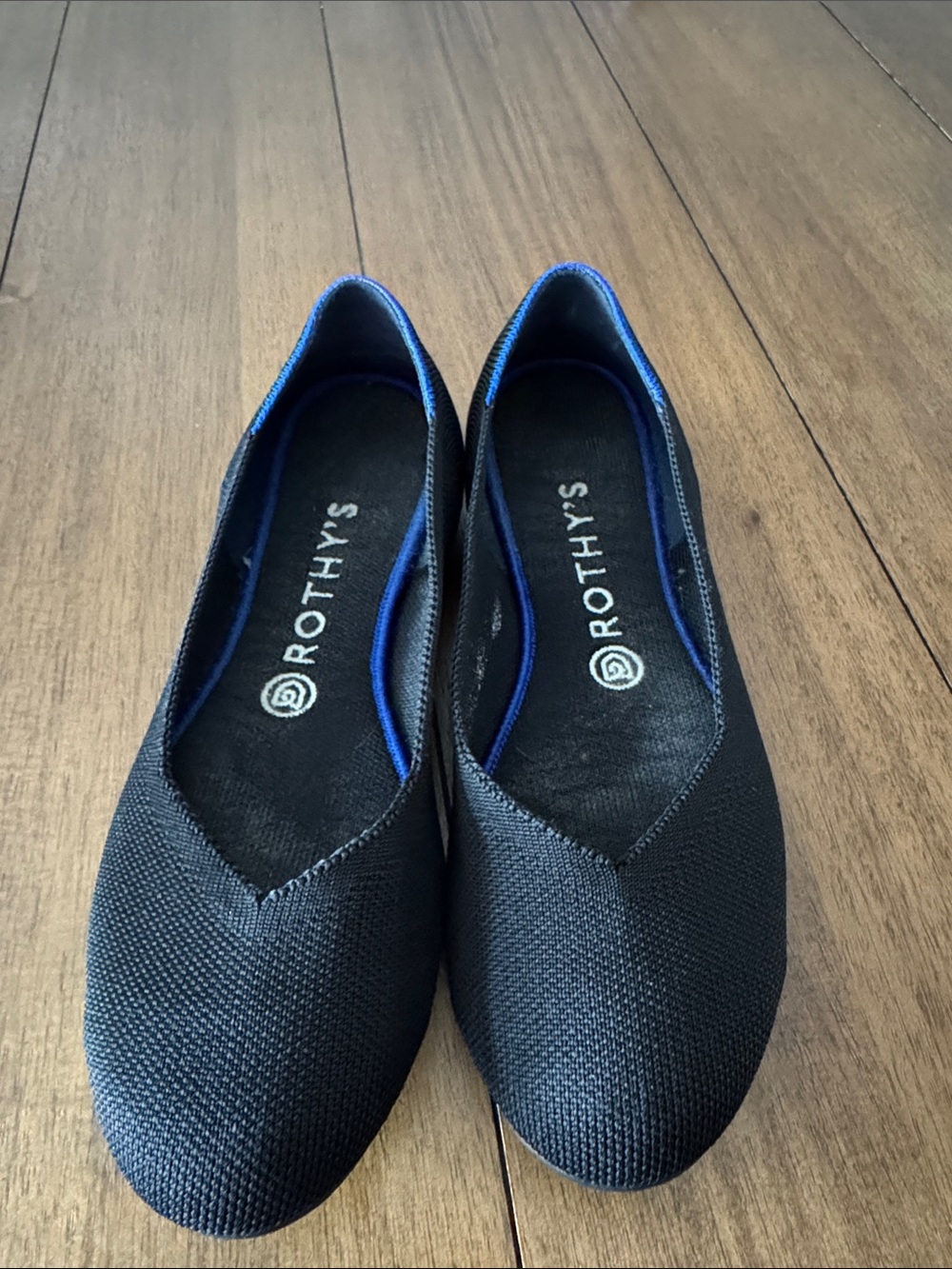Rothy's Black Knit Pointed Ballet Flats with Blue Trim